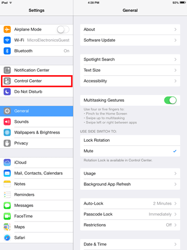 iOS 7 Settings, Control Center